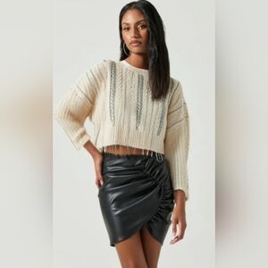 Zara Cream Cropped Cable Knit Sweater With Rhinestone Fringe Hem